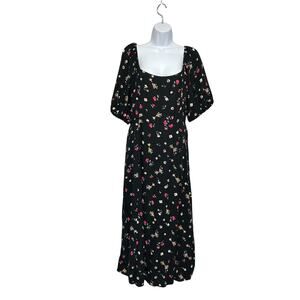 Old Navy Ditzy Floral Puff Sleeve Peasant Dress Women's Sz L Black Boho Cottage